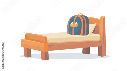 The image is a digital illustration of a cartoon single bed with a small backpack on it.  The bed is light brown wood with a beige mattress and pillow.  The backpack is dark blue and yellow,
