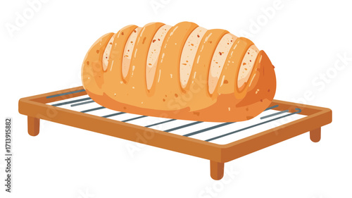 A digital illustration depicting a golden-brown loaf of bread sitting on a light orange wire cooling rack. The bread is oblong with several scored lines across its top. 