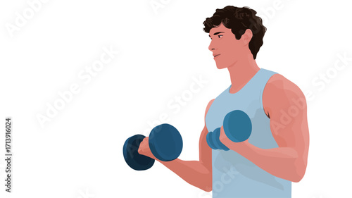 A vector illustration depicting a young, light-skinned man lifting blue dumbbells. The style is simple and clean, with a minimalist background. The man is depicted from the waist up
