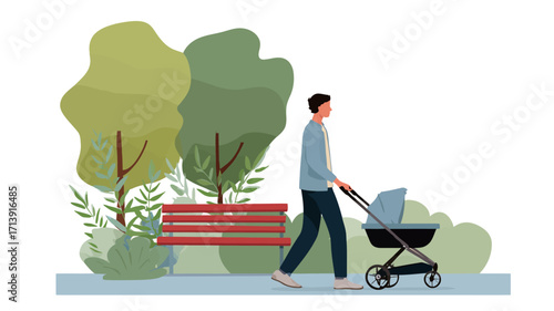 A digital illustration depicting a man pushing a baby stroller along a paved path in a park. The scene is rendered in a simplified, vector-style illustration with flat colors. 