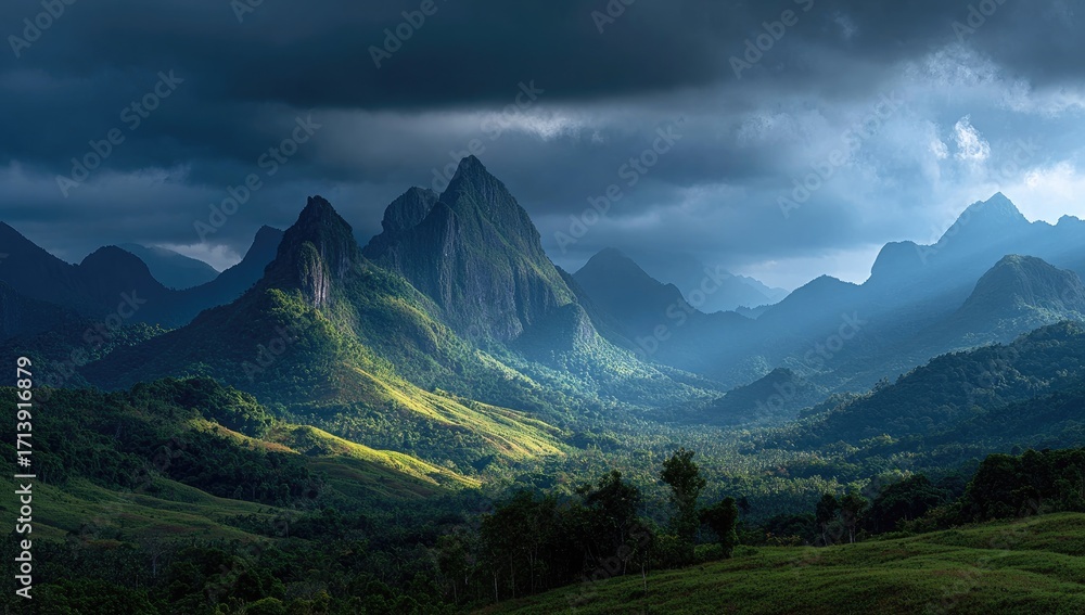 Fototapeta premium Dramatic mountain range bathed in dramatic light. Lush green valleys and peaks pierce a stormy sky