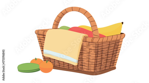Illustration of a brown wicker picnic basket filled with various fruits including bananas, apples, pears, and oranges/tangerines.  A pale yellow cloth napkin or towel is draped over the top of the