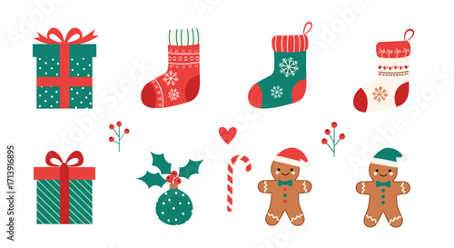 Christmas themed holiday ornaments gifts and treats for winter celebrations.