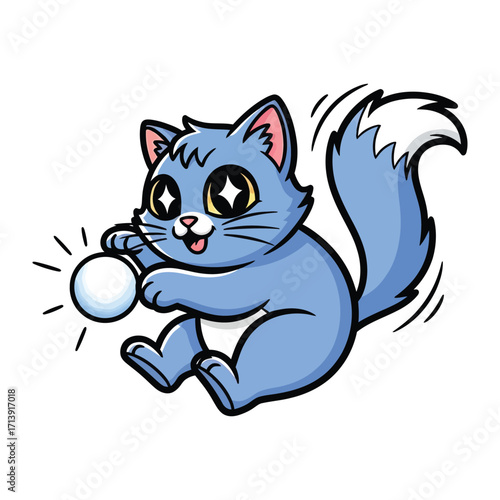 Playful Kitten with Ball: An adorable blue kitten, exuding joy, bats at a glowing ball, its large, expressive eyes sparkling with delight.