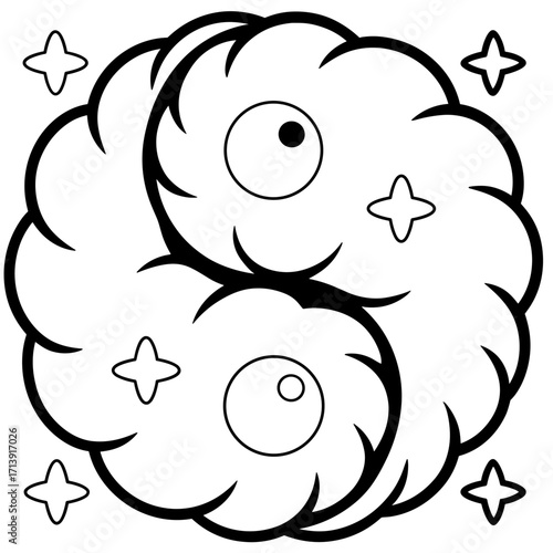 Playful illustration of two swirling clouds yin yangs and stars in a whimsical design Line art graphic 