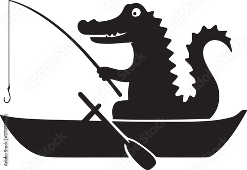 Alligator Crocodile fishing on a boat silhouette