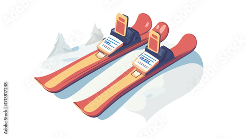 Isometric illustration of a pair of red and yellow skis on a snowy surface. The skis are depicted with bindings and are positioned slightly angled.  The background includes a simple suggestion 