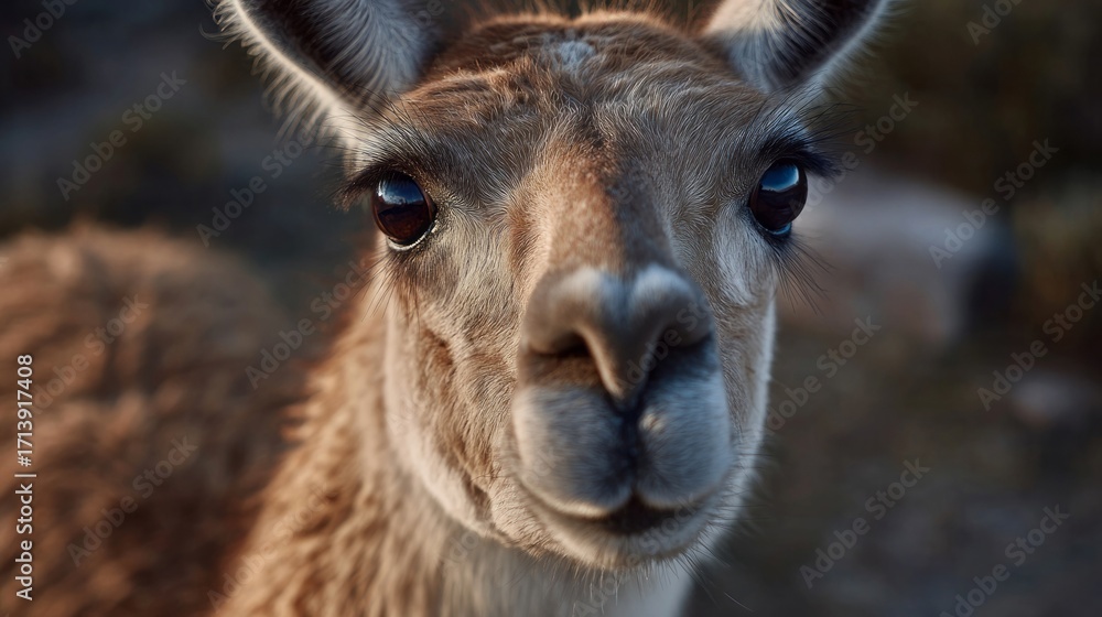 Obraz premium Curious llama eyes shimmer in the Andean twilight, evoking Inti Raymi celebrations and whimsical South American wanderlust dreams