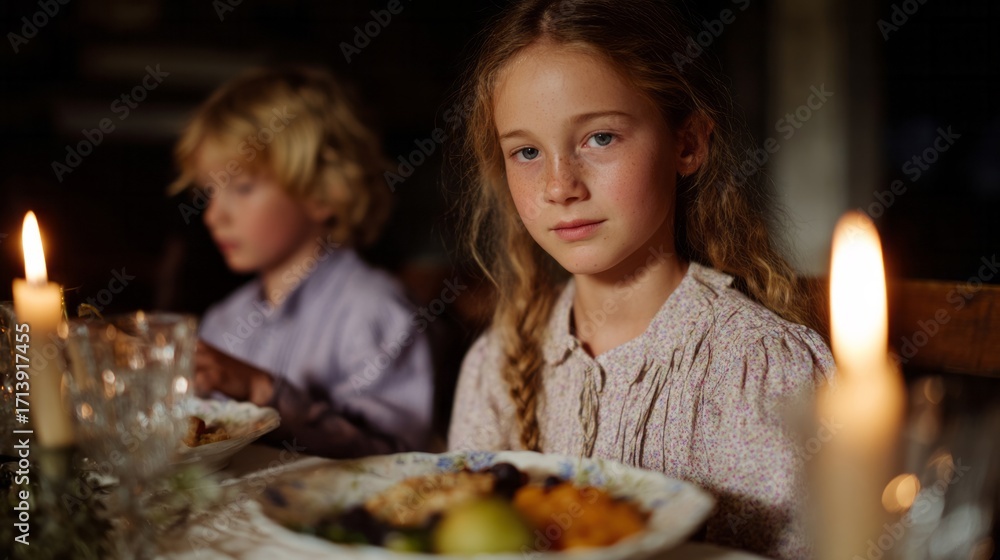 Fototapeta premium Ethereal glow caresses young Caucasian siblings dining by candlelight, whispering tales of harvest festivals and winter solstice feasts