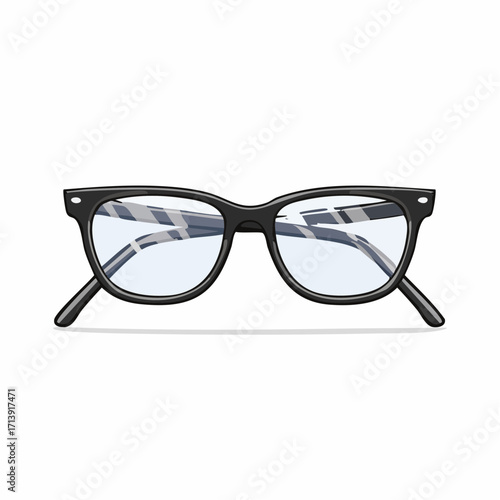 Close-up of black eyeglasses with light-blue lenses, showing a rectangular frame and patterned lenses.