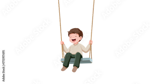 A digital illustration depicts a young boy with short brown hair sitting on a simple wooden swing set against a white background. The boy is depicted smiling and laughing, his arms holding onto