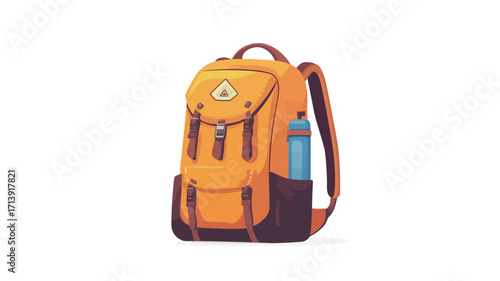 Illustration of an orange backpack with brown straps and accents.  A blue water bottle is attached to the side of the backpack. The backpack is presented against a white background. 