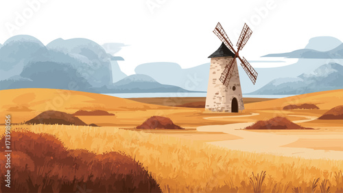 Digital illustration depicting a stone windmill situated in a vast golden field of wheat or hay.  The field is gently rolling, leading to distant bluish-grey mountains and a body of water. 