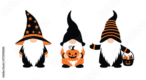 Three adorable gnomes dressed for Halloween in festive costumes with spooky decorations.