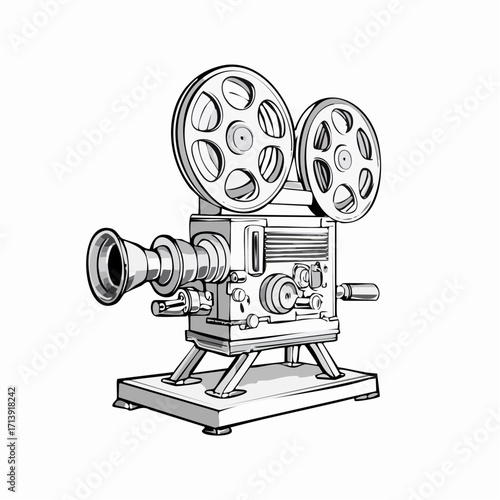 Vintage movie projector with reels and stand.