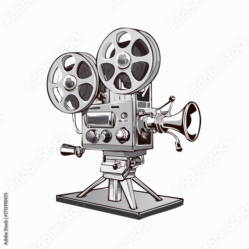 Detailed illustration of a vintage film projector with two large reels and a horn-shaped lens on a tripod, rendered in a classic style.