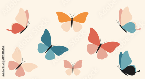 A whimsical collection of seven colorful butterflies fluttering across a light cream background.