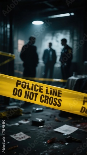 Crime Scene Investigation with Police Line and Investigators at Work