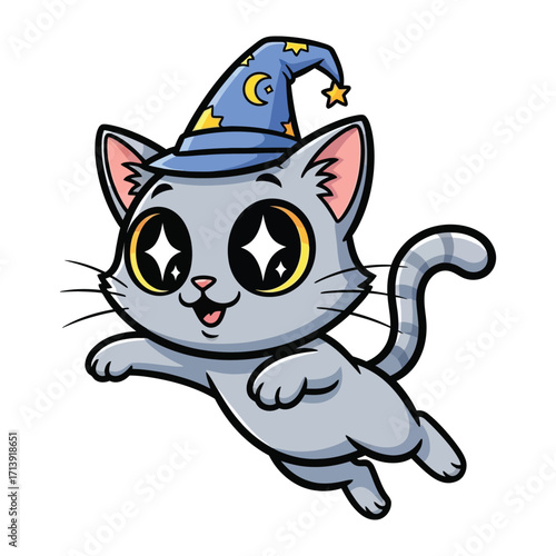 Magical Cat in a Wizard's Hat: A charming cartoon cat with a twinkle in its eye, dons a whimsical wizard's hat, embodying a sense of enchantment, fantasy, and playfulness.