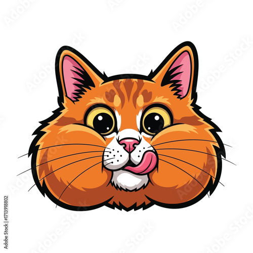 Playful Cat: A delightful cartoon illustration of a cute, orange tabby cat with big eyes and a pink tongue licking its lips. This image radiates joy.