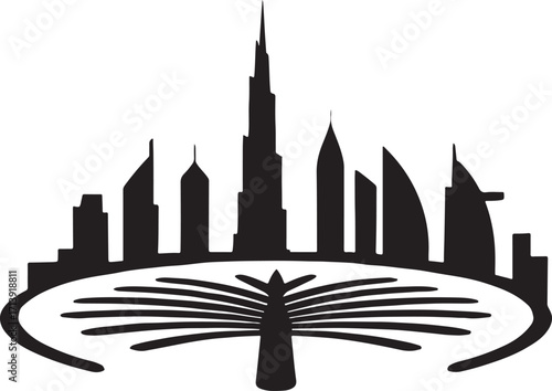 Dubai skyline silhouette with iconic skyscrapers in monochrome.