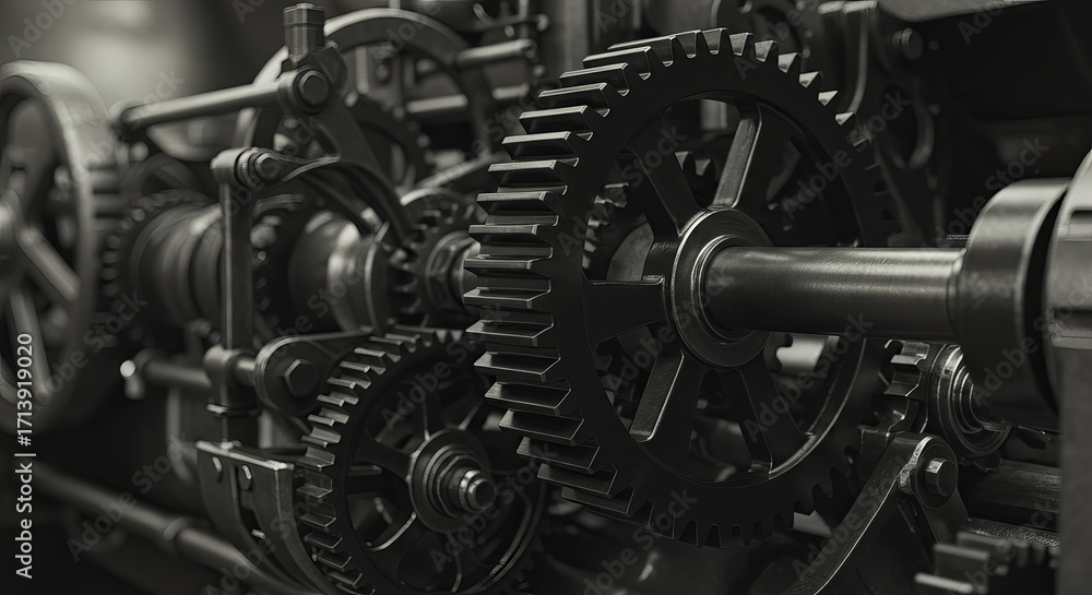 Fototapeta premium Close-up of intricate black gears in an industrial machine.