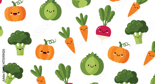 A delightful pattern of cute smiling vegetables including pumpkins carrots radishes and broccoli.