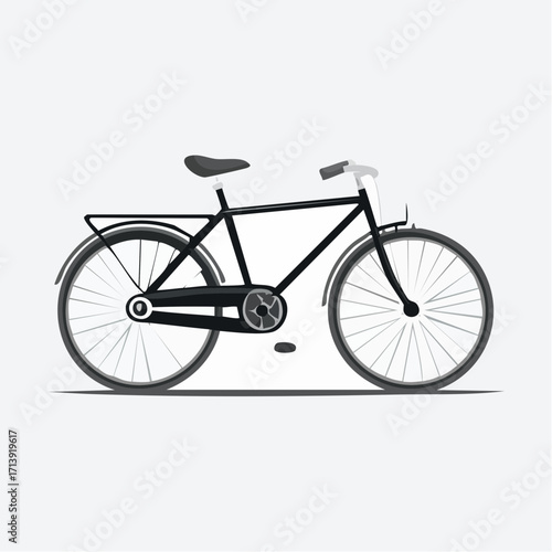 Side view of a classic black bicycle, showing details like the frame, wheels, handlebars, and seat.