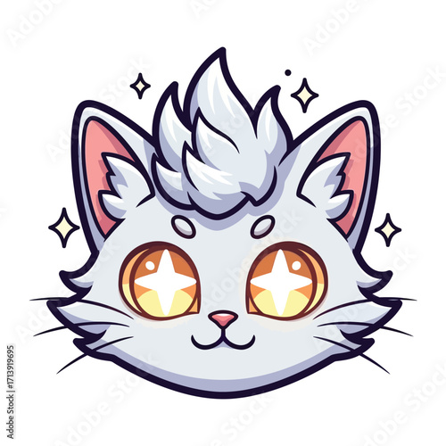 Mystical Cat Icon: A charming cartoon cat radiates with starlight energy, captivating with its playful design. The illustration evokes a sense of magic.