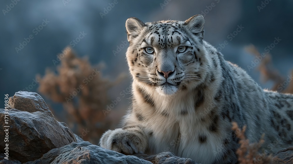 Fototapeta premium Snow leopard resting on rocks in mountain wilderness