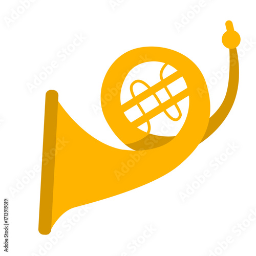 2d illustration of a French horn, a brass instrument commonly used in orchestras, symbolizing music, harmony, rhythm, melody, creativity, and performance.

