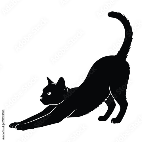 Silhouette of a Playful Cat: A sleek black cat gracefully stretches, embodying the essence of feline flexibility. The stylized artwork captures the cat's playful essence.