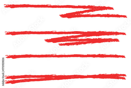 Red paint brush stroke lines and wave shapes collection. Hand drawn bold grunge borders with rough edges and textured ink effect. Artistic underline elements, abstract strokes for highlight