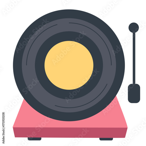 Black vinyl record player 2d illustration with stylus arm, retro turntable for music. Great for vintage, audio, sound, entertainment, or culture.
