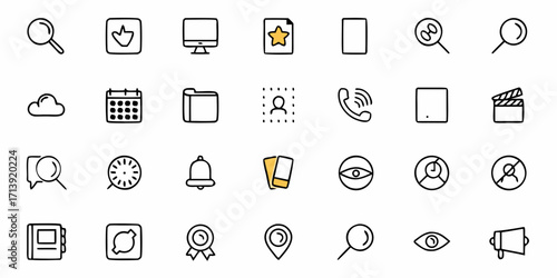 Collection of various interface icons depicting search, media, contact, and notification symbols