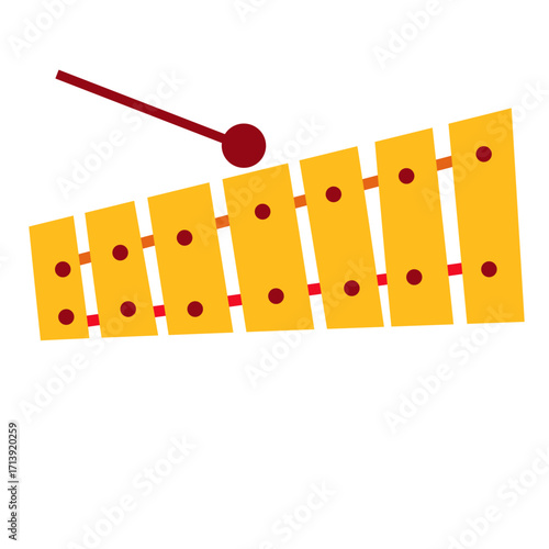 Yellow xylophone 2d illustration with red mallet, percussion instrument for melody and rhythm. Great for kids, education, sound, music, or creative projects.
