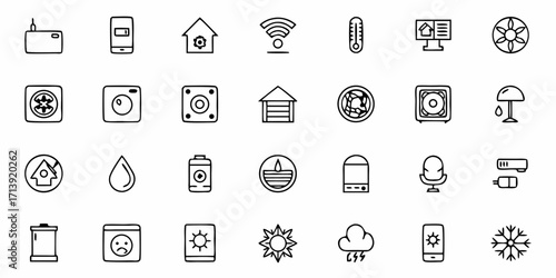 Outline icons representing smart home automation and environmental control technologies set on white