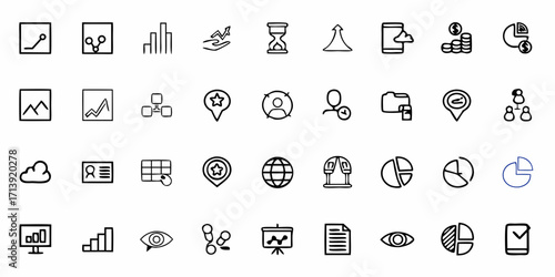 Collection of business and data related icons including charts graphs and money symbols in black and white