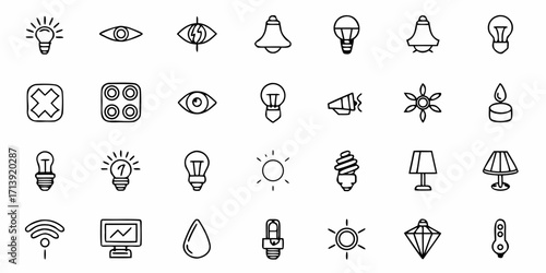 Collection of diverse lighting and illumination icons including bulbs eyes and electrical symbols shown