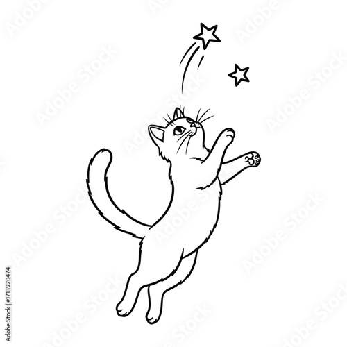 Dreaming Kitten: A playful cartoon kitten, captivated by the celestial glow of stars, leaps towards its starry aspirations in an endearing depiction of dreams and wonder. 