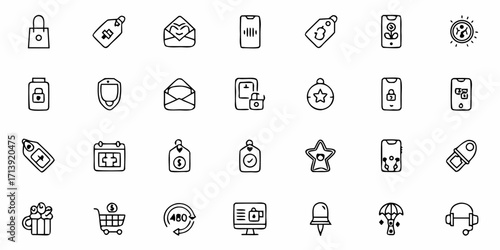 A collection of hand drawn icons including shopping bag, phones, tags, envelopes, and other miscellaneous items
