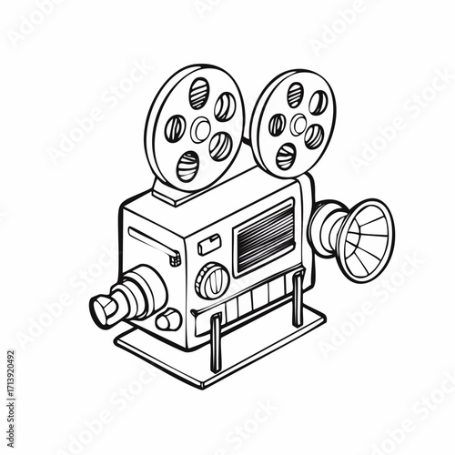 Black and white illustration of a vintage film projector, showing intricate details and design.