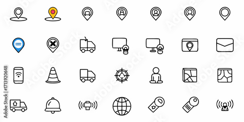 Collection of diverse line icons representing location, delivery, technology and communication tools