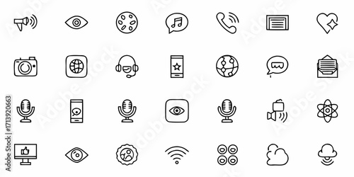 Collection of various line art icons representing communication and technology elements in a grid layout