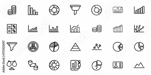 Collection of business and finance icons including charts graphs and money related symbols in simple line art