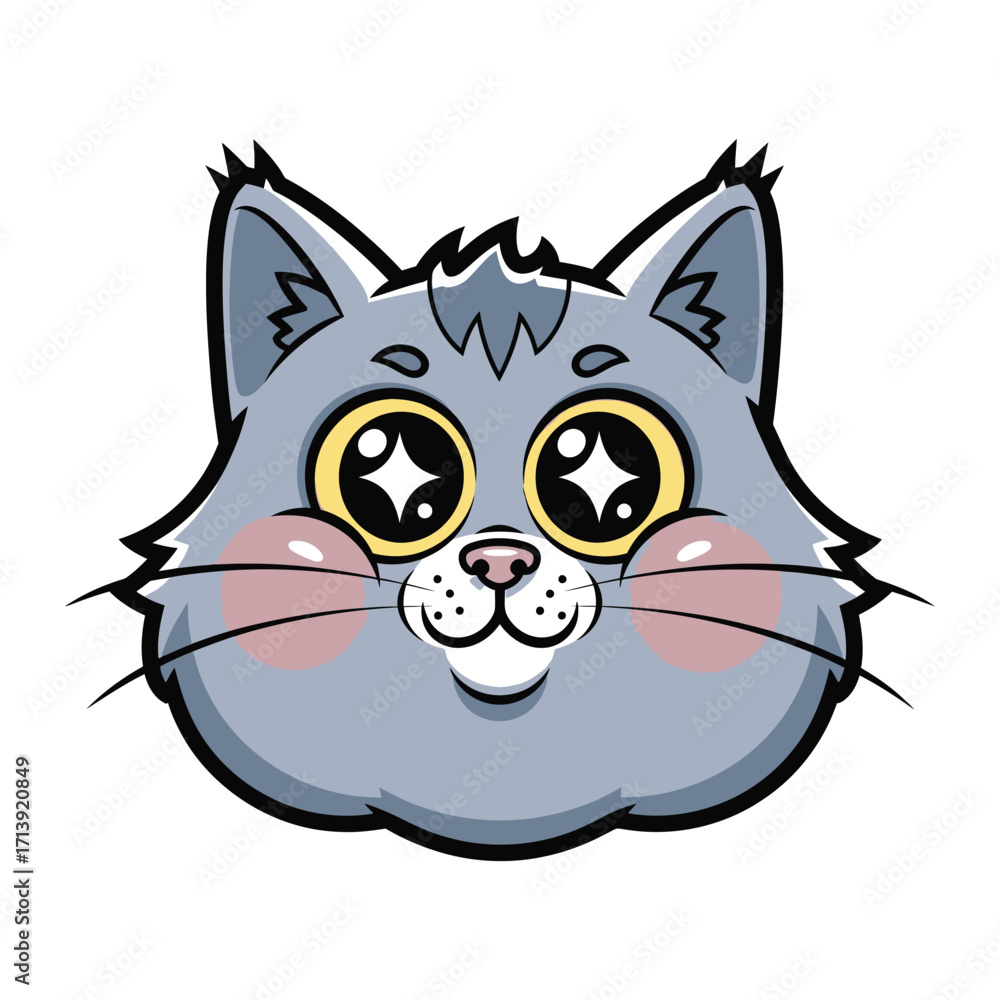 Fototapeta premium Cute cat face: A charming and whimsical cartoon image, illustrating an endearing cat's face with sparkling eyes, delicate whiskers, and a touch of blush. Evoking feelings of joy.