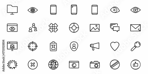 Collection of various line art icons including technology, social media and interface elements set on white