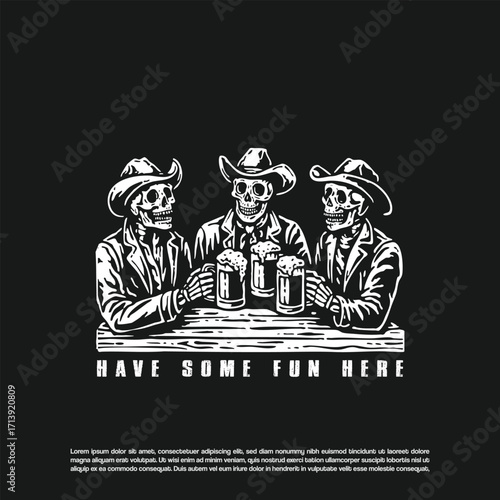 Retro hand drawn  skeleton cowboy sit together and drinking beer cheering isolated on black background