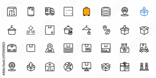 Illustration of various shipping and moving icons including boxes hangers and location markers in black and white