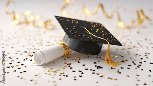 Graduation cap and diploma are on a table with gold star confetti and gold ribbons